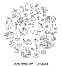Spa  hand drawn doodle icons. Vector illustrations of Beautiful woman spa treatment, relaxing while stone massage, beauty procedures, foot bath, wellness.