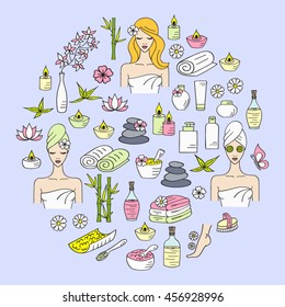 Spa  hand drawn doodle icons. Vector illustrations of Beautiful woman spa treatment,  beauty procedures, foot bath, wellness.
