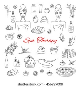 Spa  hand drawn doodle icons. Vector illustrations of Beautiful woman spa treatment, relaxing while stone massage, beauty procedures,  wellness.