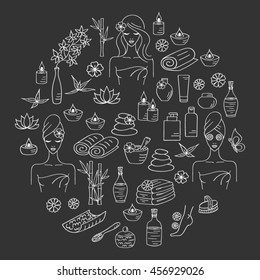 Spa  hand drawn doodle icons. Vector illustrations of Beautiful woman spa treatment,  beauty procedures, foot bath, wellness.
