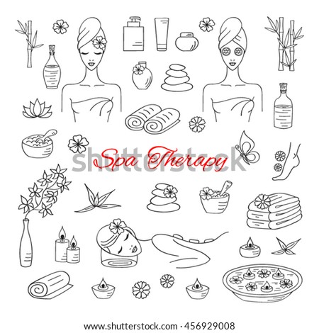 Spa  hand drawn doodle icons. Vector illustrations of Beautiful woman spa treatment, relaxing while stone massage, beauty procedures,  wellness.