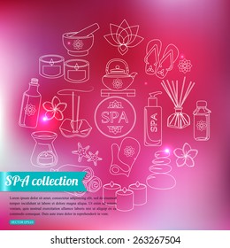 Spa and healthcare outline icons set over blurred shining background with place for text. Vector illustration.