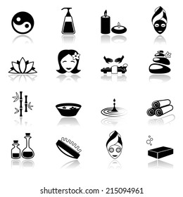 Spa healthcare salon herbal therapy relax beauty care black icons set isolated vector illustration