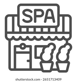 Loja de casa de spa com ícone de linha de plantas, conceito de salão de spa. Gráficos vetoriais. Salão de construção com sinal de placa de palavra SPA no fundo branco, ícone de estilo de contorno para design móvel ou web