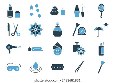 spa icon. beauty and spa icon set. makeup, spa stone, nail polish, lipstick, essential oil, etc. solid icon style. beauty element vector illustration