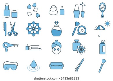 icono de spa. conjunto de iconos de belleza y spa. maquillaje, piedra de spa, esmalte de uñas, lápiz labial, aceite esencial, etc. estilo de icono de línea plana. elemento de belleza ilustración vectorial
