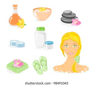 SPA icon and body care cosmetic product set with beautiful blond woman