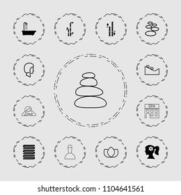 Spa icon. collection of 13 spa filled and outline icons such as shower, woman face with flower in hair, bamboo, towels, lotus. editable spa icons for web and mobile.