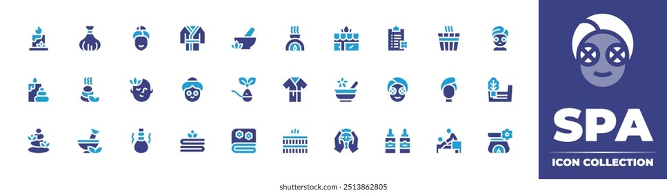 Spa icon collection. Duotone color. Vector illustration. Containing herbs, candle, spatreatment, bathrobe, human, hotstone, aromatherapy, beauty, herb, massage.