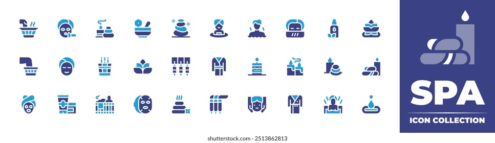 Spa icon collection. Duotone color. Vector illustration. Containing electrotherapy, spa, skincare, bodylotion, therapy, bucket, hotstone, facialmask, sauna.