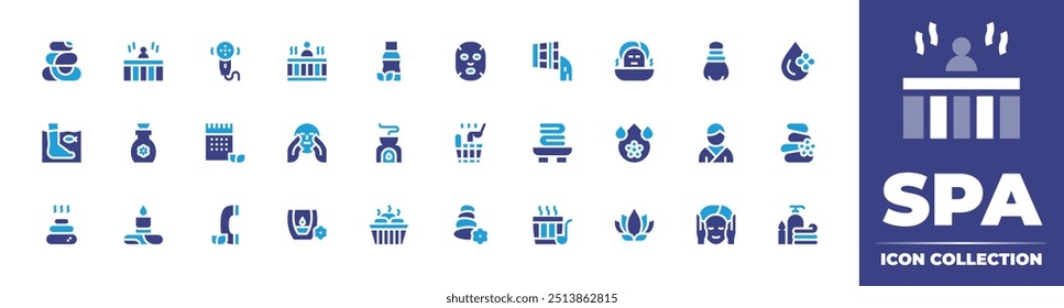 Spa icon collection. Duotone color. Vector illustration. Containing bath, spa, oil, sauna, facemask, facial, towel, coldwater, massage, fishtherapy, gel, incenseburner.