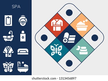 spa icon set. 13 filled spa icons.  Simple modern icons about  - Yoga, Butterfly, Bathtub, Bathrobe, Nail dryer, Body oil, Bath, Spa, Robe, Zen