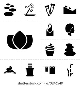 Spa icon. set of 13 filled spaicons such as spa stones, nail, cream, lotus, aroma stick, bamboo, cloth hanging, towels, pipette