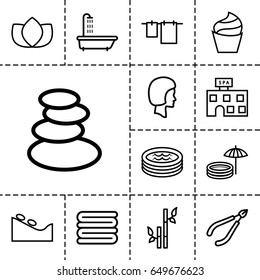 Spa icon. set of 13 outline spaicons such as shower, spa stones, cream, lotus, bamboo, towels, cloth hanging, jacuzzi, face