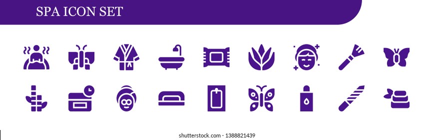 spa icon set. 18 filled spa icons.  Collection Of - Bath, Butterfly, Bathrobe, Makeup remover, Aloe vera, Makeup, Bamboo, Anti age, Spa, Nail dryer, Body oil, Nail file, Zen