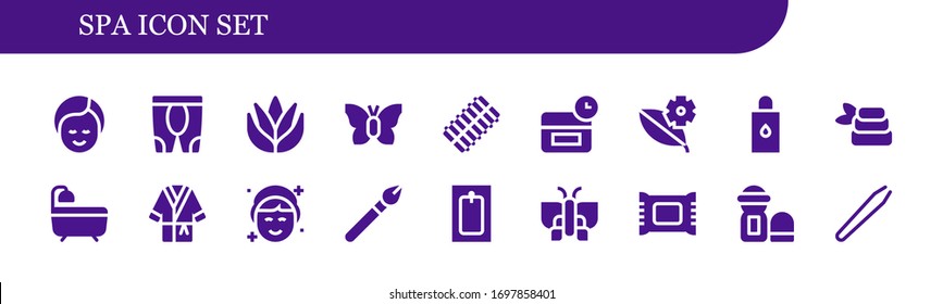 spa icon set. 18 filled spa icons.  Simple modern icons such as: Makeup, Leggings, Aloe vera, Butterfly, Hair curler, Anti age, Leaf, Body oil, Zen, Bath, Bathrobe, Makeup remover