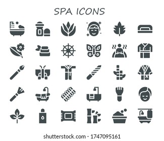 spa icon set. 30 filled spa icons.  Simple modern icons such as: Bathtub, Deodorant, Aloe vera, Makeup, Leaf, Nail dryer, Zen, Buddhism, Butterfly, Bath, Robe, Bathrobe, Nail file