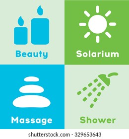 Spa icon set: beauty, solarium, massage, shower.