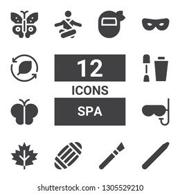 spa icon set. Collection of 12 filled spa icons included Nail brush, Makeup, Masks, Leaf, Mask, Butterfly, Nail polish, Meditation