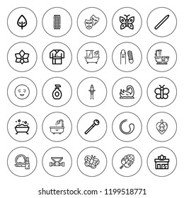 Spa icon set. collection of 25 outline spa icons with beach towel, bathtub, calm, butterfly, meditation, mask, leaf, lotion, makeup, nail brush icons. editable icons.