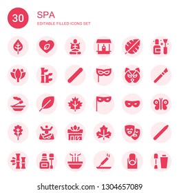 spa icon set. Collection of 30 filled spa icons included Leaf, Meditate, Well, Lotus, Bamboo, Nail file, Mask, Incense, Yoga, Masks, Nail polish, Makeup, Butterfly, Nail brush