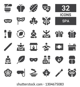 spa icon set. Collection of 32 filled spa icons included Mask, Makeup, Leaf, Incense, Violet, Nail polish, Meditation, Jacuzzi, Well, Yoga, Nail brush, Butterfly, Masks, Wax