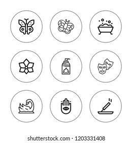 Spa icon set. collection of 9 outline spa icons with buddhism, bathtub, butterfly, mask, lotion, incense, orchid icons. editable icons.
