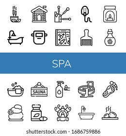 spa icon set. Collection of Incense, Bathtub, Sauna, Mask, Acupuncture, Beauty, Hair brush, Aroma, Skin oil, Bathtube, Lithotherapy, Herbal, Lotion, Incense burner, Jacuzzi icons
