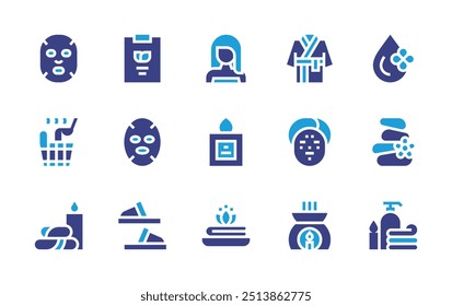 Spa icon set. Duotone color. Vector illustration. Containing woman, facemask, sauna, acupressure, drop, clipboard, bathrobe, stone, candle.