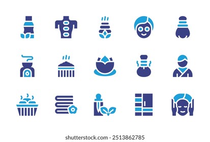 Spa icon set. Duotone color. Vector illustration. Containing man, sauna, lotusflower, herbalmassage, essentialoil, stones, facialmassage, towels.