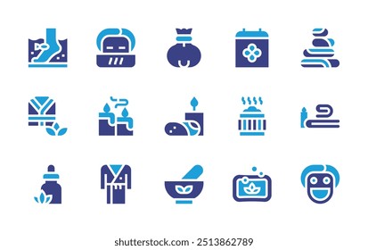 Conjunto de iconos de spa. Color duotono. Ilustración vectorial. Contiene tratamiento herbario, spa, aroma, aceite esencial, albornoz, bolsa de hielo, calendario, calentador, jabón, terapia, vapor.