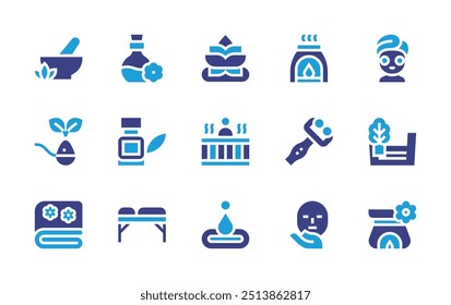 Spa icon set. Duotone color. Vector illustration. Containing herbs, essentialoil, teatreeoil, sauna, massager, herb, lotusflower, aromatherapy, facemask.