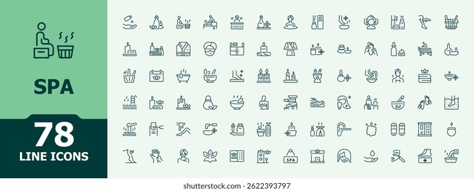 Spa icon set in linear style. Minimal thin line web icons set. Pictograms of sauna, skin, beauty, salon, care, massage. Vector illustration in modern line style. Wellness modern icon set.