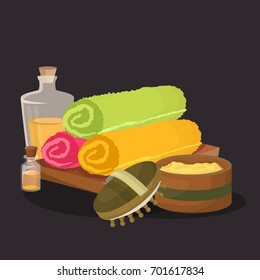 Spa Icon Set. Rock Salt. Essential Oil. Bright colored towels. Chic set for your design on the theme of spa