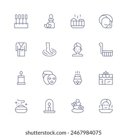Spa icon set. Thin line icon. Editable stroke. Containing bath, bathrobe, candle, essentialoil, hairtowel, facialtreatment, hotstones, meditation.