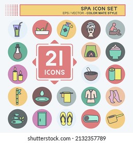 Spa Icon Set in trendy color mate style isolated on soft blue background