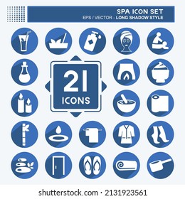 Spa Icon Set in trendy long shadow style isolated on soft blue background