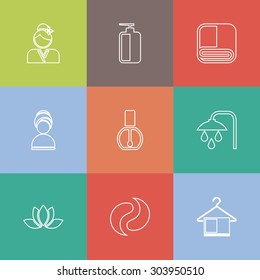 Spa icon set. Vector linear spa icon set on flat individual color background