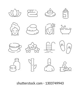 Spa icon set. Wellness therapy massage woman relaxing sauna pool with flowers candles and stones vector thin symbols