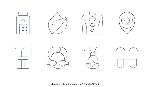 Spa icons. Editable stroke. Containing bathrobe, candle, facialtreatment, hotstones, leaf, mikado, sauna, slippers.