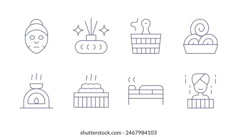 Spa icons. Editable stroke. Containing aromatherapy, facialmask, hottub, incense, sauna, spa, stones, towels.