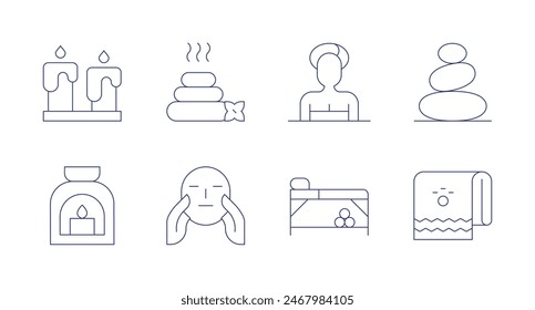 Spa icons. Editable stroke. Containing aromatizer, candles, hotstone, massage, sauna, spabed, stones, towel.