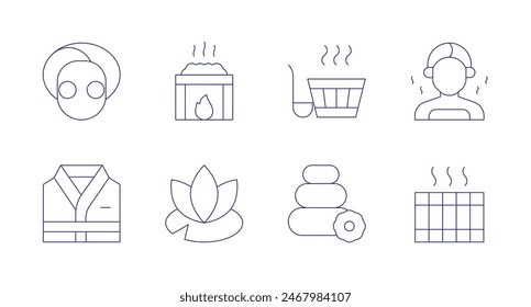 Spa icons. Editable stroke. Containing bathrobe, eyetreatment, fire, hammam, hotstones, lotusflower, soak, spa.