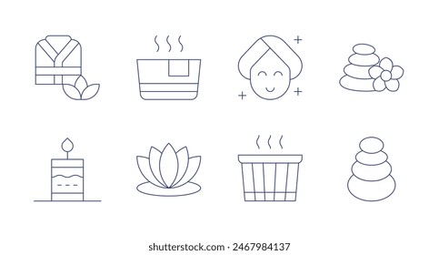 Spa icons. Editable stroke. Containing bathrobe, candle, facialtreatment, hottub, lotus, spa, stones.