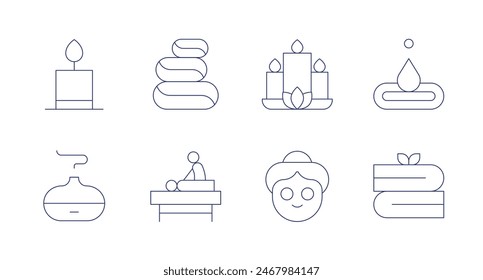 Spa icons. Editable stroke. Containing candle, diffuser, hotstones, massage, relaxation, spatreatment, towels, water.