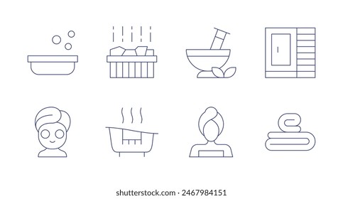 Spa icons. Editable stroke. Containing bathtub, facemask, heater, hydrotherapy, mortar, sauna, spa, towels.