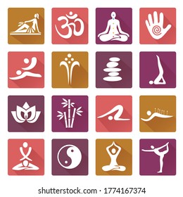 Spa  Massage´yoga icons with long shadow.
Set of colorful web icons with healthy lifestyle symbols.Isolated on white background.  Vector available.
