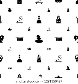spa icons pattern seamless white background. Included editable filled spa bag, spa stones, lotus, aroma stick, cloth hanging, nail, woman face with flower in hair icons. icons for web and mobile.
