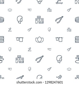 spa icons pattern seamless white background. Included editable outline spa building, lotus, aroma stick, face, cloth hanging, woman in spa icons. icons for web and mobile.