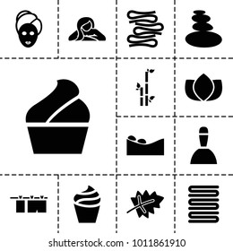 Spa icons. set of 13 editable filled spa icons such as leaf, cream, lotus, bamboo, towels